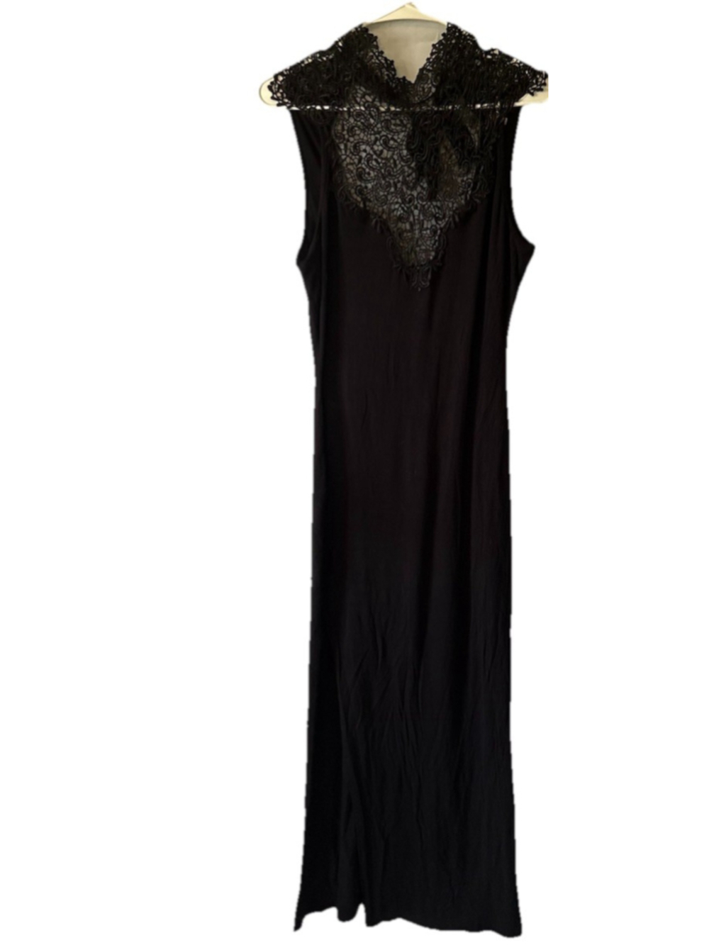 Nella Fantasia Black Maxi Dress Large L Lace Mock Neck Bodycon Side Slit Cutout